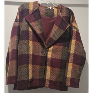 Mystree Plaid Wool Blend Boxy Jacket Coat, Oversized Burgundy Gold Cozy Medium‎